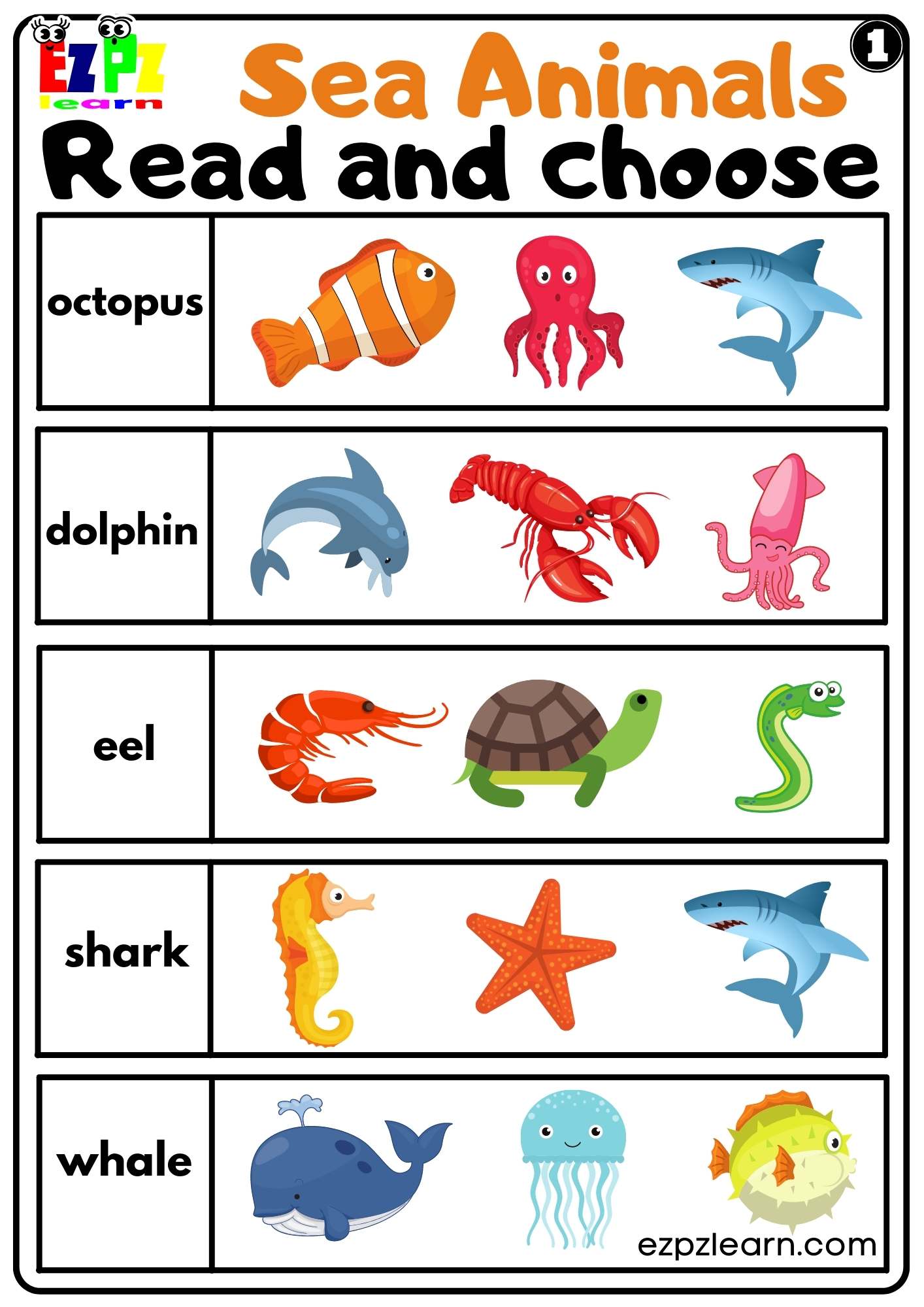 Sea Animals Read and Choose Worksheet For Kids and ESL Set 1